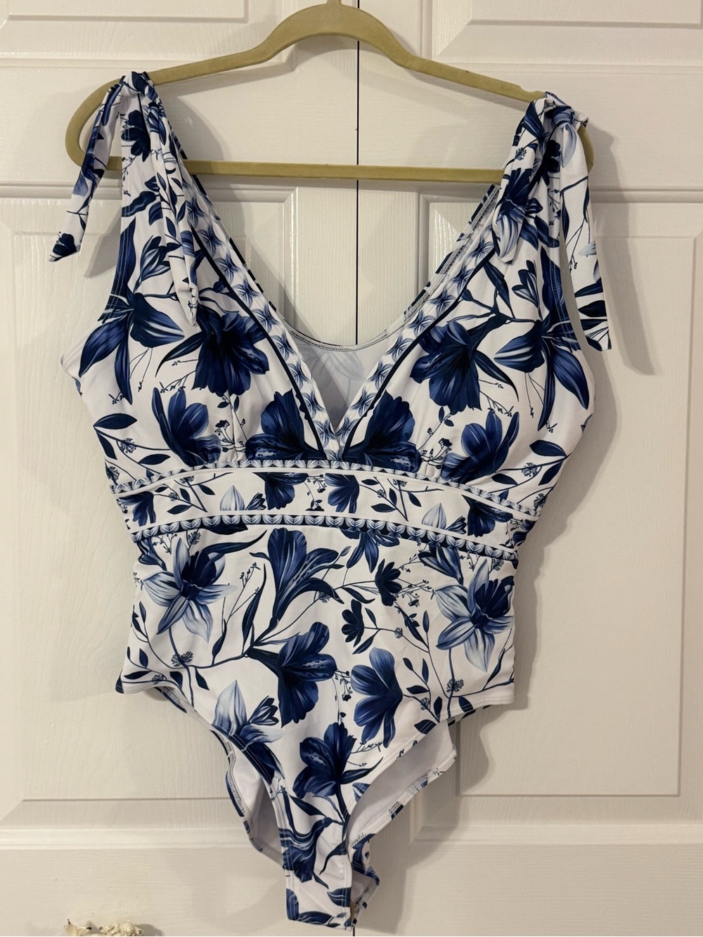 Woman’s Floral One-Piece Swimsuit with shoulder bow details - Blue & White